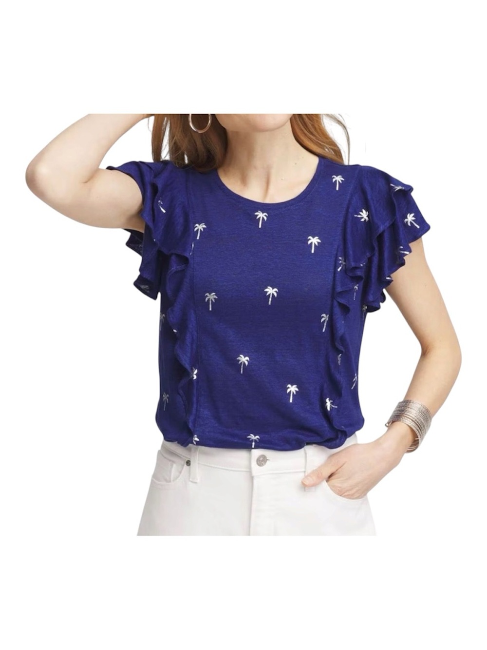 CHICOS Foiled Palmtree Bright Blue Linen Tee Size L